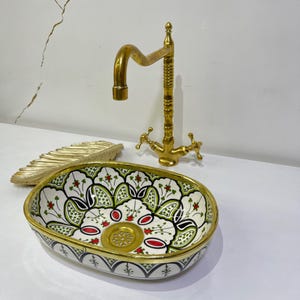 Brass Rim Ceramic Oval Sink-Moroccan Hand-Painted Oval Sink-Ceramic Bathroom Basin-Oval Sink With Brass Rim-Handmade Bathroom Sink