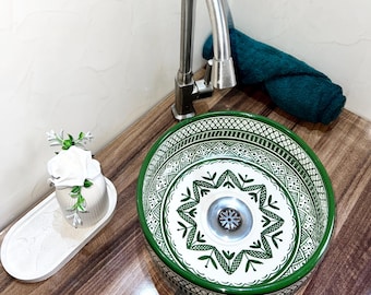 Green Moroccan Ceramic Vessel Sink-Bathroom Sink-Custom Made Moroccan Bathtub-Countertop Vessel-Farmhouse Sink-Pottery Sinks From Morocco