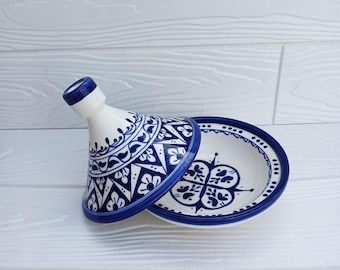 Blue Moroccan Tagine | Hand-Painted Ceramic Serving Dish | Blue Conical Lid