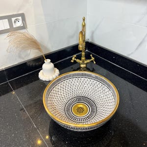 Handmade Moroccan Ceramic Sink: 14k Gold Rim Bathroom Basin