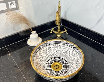 Hand-Painted Moroccan Ceramic Sink: 14k Gold Rim Vessel Basin