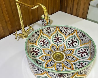 モロッコ風セラミックシンク - 手描きのセラミックバスルームシンク - カスタムメイドモロッコ - モロッコ製陶器シンク - バスルームの装飾 - 無料ギフト