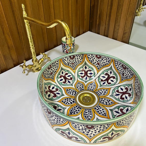 Moroccan ceramic sink-Hand-Painted Ceramic Bathroom Sink-Custom Made Moroccan-Pottery Sinks From Morocco-Bathroom Decor-Free gift