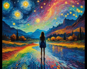 Starry Night rainbow road girl - van Gogh, vibrant, colourful, painting, instant PDF download, full cover, cross stitch pattern
