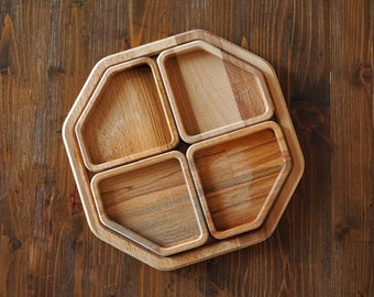 Five-Pieces Snack Serving Set - The Main Table is Octagonal - Solid Carved Beechwood - Free Shipping - Food Safe 100% Natural Oil Finish