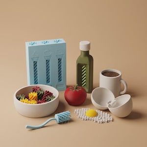 May include: A collection of kitchen-themed toys including a light blue box with three column-like pasta shapes, a green olive oil bottle, a white bowl filled with colourful pasta, a red tomato, a white mug, a light blue pasta server, and a fried egg.