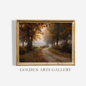 May include: An oil painting of a country road in autumn. The road is lined with trees with golden and brown leaves. The painting is in a gold frame and has the text "GOLDEN ARTS GALLERY" at the bottom.