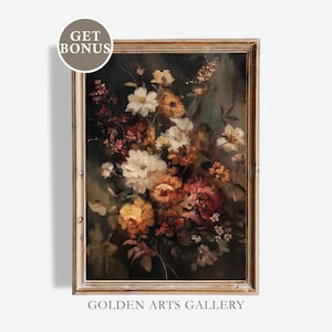 May include: A framed floral still life painting. The artwork features a bouquet of flowers in shades of white, yellow, orange, and red against a dark background. The frame is a light brown color. The text "GET BONUS" and "GOLDEN ARTS GALLERY" are visible.