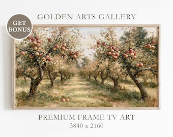 Pode incluir: Uma pintura de paisagem retangular em uma moldura de madeira retratando um pomar de macieiras com fileiras de árvores carregadas de maçãs vermelhas. O texto GOLDEN ARTS GALLERY, PREMIUM FRAME TV ART e 3840 x 2160 são visíveis com um selo GET BONUS.