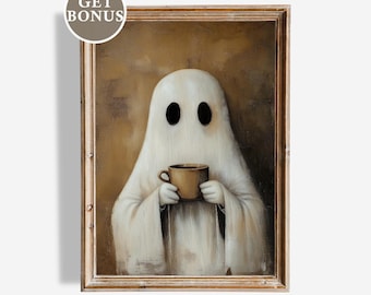 May include: A framed painting depicts a white ghost holding a brown coffee mug. The ghost has two black oval eyes and is set against a sepia-toned background. The frame is a light brown color. The words "GET BONUS" are in a circle in the upper left corner.