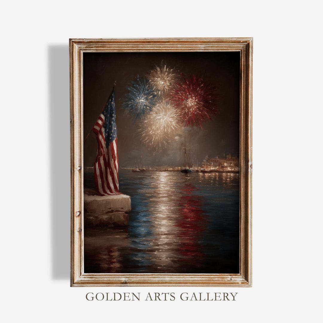 4th of July Fireworks Wall Art Print, American Flag Coastal Night ...