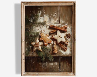 May include: A framed painting depicting a Christmas still life with gingerbread and star-shaped biscuits, cinnamon sticks, and fir branches. The scene is dusted with icing sugar, creating a festive atmosphere. The text "GOLDEN ARTS GALLERY" is at the bottom.