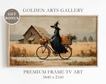 Witch on Bicycle Samsung Frame TV Art: Fall Farmhouse Decor (Digital Download