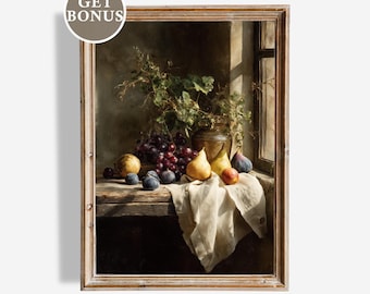 May include: A framed still life painting featuring a wooden table with a white cloth, displaying grapes, pears, figs, and a vase of greenery. The painting has a warm color palette and is set near a window. The text "GET BONUS" and "GOLDEN ARTS GALLERY" are visible.