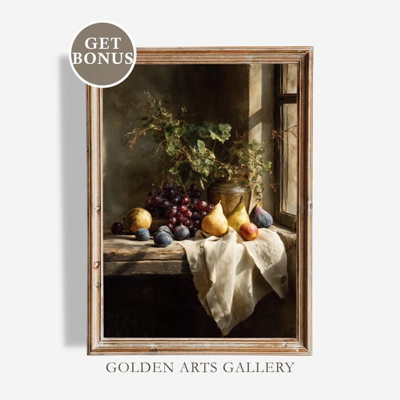 Vintage Fruit Still Life Art Print: Dark Academia Kitchen Decor (Digital Download