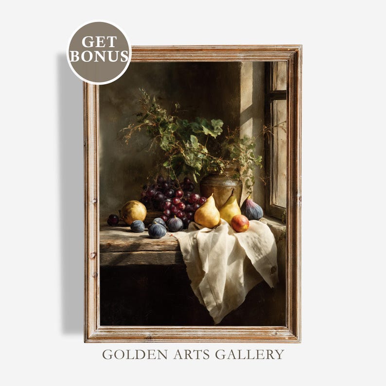 May include: A framed still life painting featuring a wooden table with a white cloth, displaying grapes, pears, figs, and a vase of greenery. The painting has a warm color palette and is set near a window. The text "GET BONUS" and "GOLDEN ARTS GALLERY" are visible.