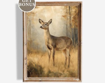 Lámina vintage de ciervo: paisaje rústico otoñal, decoración de animales de granja (descarga digital)