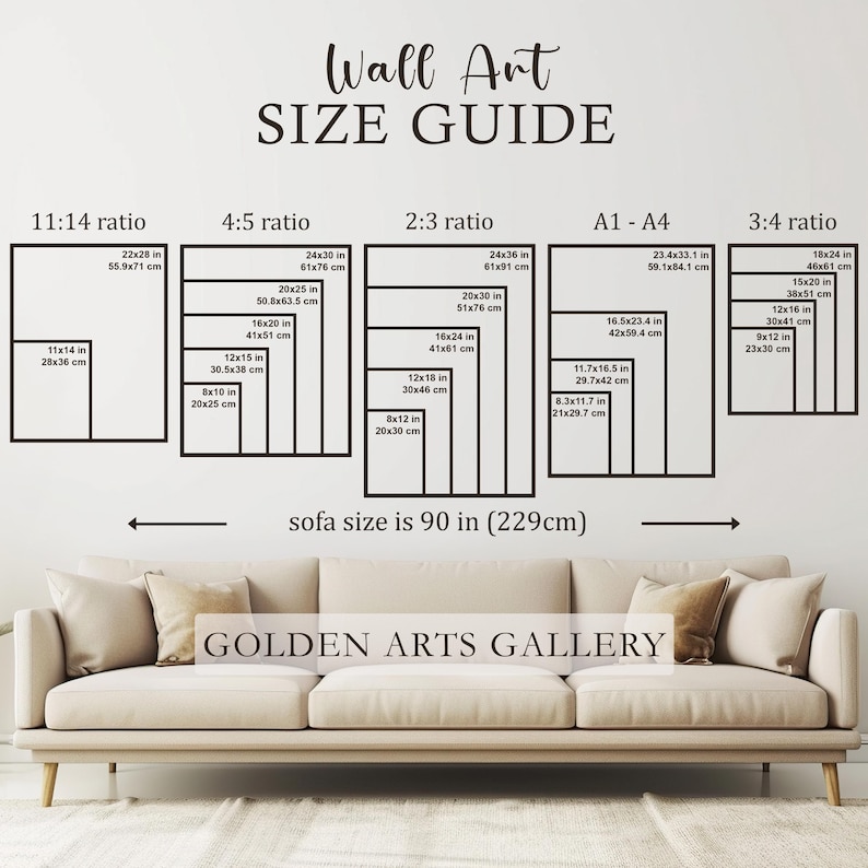 May include: Wall art size guide with various frame ratios and dimensions in inches and centimeters. Includes 11x14, 22x28, 24x30, 20x25, 16x20, 12x15, 8x10, 24x36, 20x30, 16x24, 12x18, 8x12, 23.4x33.1, 16.5x23.4, 11.7x16.5, 8.3x11.7, 18x24, 15x20, 12x16, and 9x12 inch sizes.
