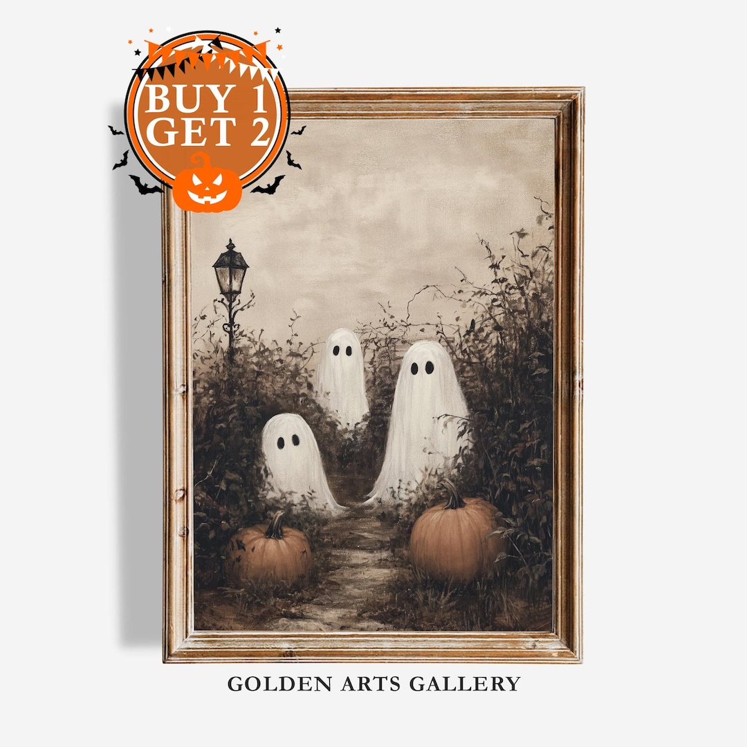 Vintage Halloween Ghosts in Pumpkin Patch Art Print (digital Download ...