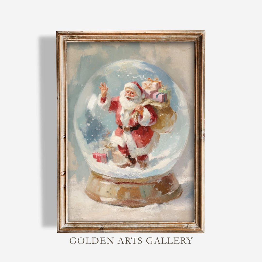 Vintage Santa Snow Globe Art Print: Whimsical Holiday Wall Decor ...