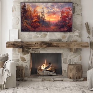Pode incluir: Uma lareira de pedra r&uacute;stica com uma lareira de madeira e uma lareira crepitante. A lareira &eacute; decorada com uma pintura de uma cena de floresta com um p&ocirc;r do sol no fundo.
