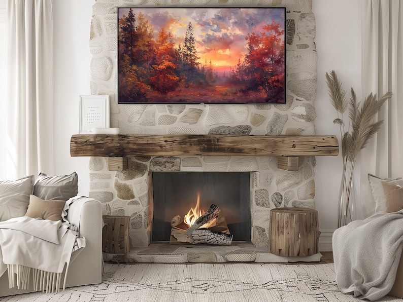 Pode incluir: Uma lareira de pedra r&uacute;stica com uma lareira de madeira e uma lareira crepitante. A lareira &eacute; decorada com uma pintura de uma cena de floresta com um p&ocirc;r do sol no fundo.
