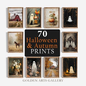 Peut inclure: Une collection d'estampes encadrées sur le thème d'Halloween et de l'automne. Les estampes présentent des images de fantômes, de citrouilles, de granges et de chevaux. Le texte sur l'image indique "70 Halloween & Autumn PRINTS". La galerie s'appelle "GOLDEN ARTS GALLERY".