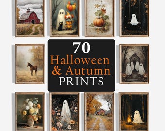 Op de afbeelding: Een verzameling ingelijste kunstprints met een Halloween- en herfstthema. De prints tonen afbeeldingen van geesten, pompoenen, schuren en paarden. De tekst op de afbeelding luidt "70 Halloween & Autumn PRINTS". De galerijnaam is "GOLDEN ARTS GALLERY".