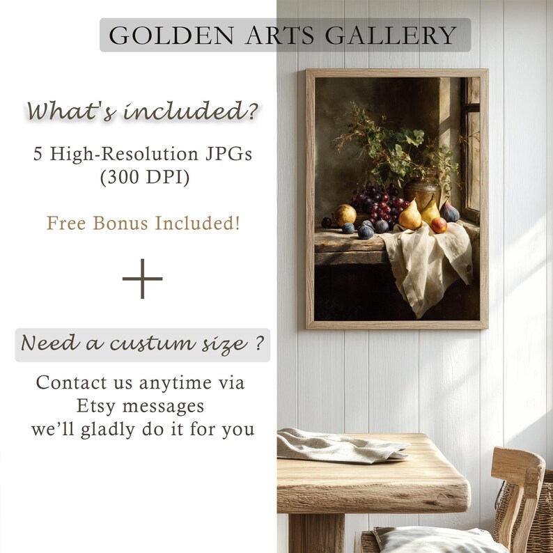 May include: A framed still life print featuring a wooden table with a vase of greenery, grapes, plums, pears, and a draped cloth. The print is in a light wood frame. Text at the top reads "GOLDEN ARTS GALLERY".
