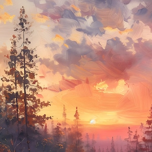 Pode incluir: Uma pintura que retrata uma cena de floresta ao p&ocirc;r do sol. O c&eacute;u &eacute; de um laranja e rosa vibrantes, com nuvens t&ecirc;nues. As &aacute;rvores est&atilde;o silhuetas contra o c&eacute;u, criando uma sensa&ccedil;&atilde;o de paz e tranquilidade.