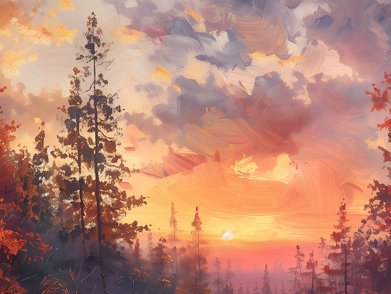 Pode incluir: Uma pintura que retrata uma cena de floresta ao p&ocirc;r do sol. O c&eacute;u &eacute; de um laranja e rosa vibrantes, com nuvens t&ecirc;nues. As &aacute;rvores est&atilde;o silhuetas contra o c&eacute;u, criando uma sensa&ccedil;&atilde;o de paz e tranquilidade.