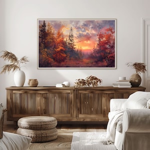 Pode incluir: Uma pintura que retrata uma cena de floresta com um p&ocirc;r do sol ao fundo. As &aacute;rvores s&atilde;o principalmente verdes e marrons, com algumas folhas vermelhas e laranja. O c&eacute;u &eacute; uma mistura de rosa, laranja e roxo.