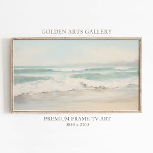 落ち着いたヴィンテージブルーの波、クールトーンのテクスチャビーチフレームテレビアート、サムスンフレームテレビアート、青い夏の海景ビーチアートデジタルダウンロード