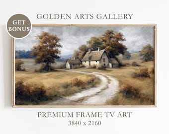 May include: A framed landscape painting depicts a rural scene with a white cottage, a winding dirt road, and autumn trees. The artwork has a neutral color palette with the text "GOLDEN ARTS GALLERY" and "PREMIUM FRAME TV ART".