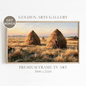 Golden Haystacks at Sunset, Samsung Frame TV Art, Vintage Harvest Field Painting, Rustic Farmhouse Fall Decor, Digital Download