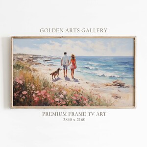 May include: A painting of a couple walking on a beach with their dog. The couple is holding hands and the dog is running ahead of them. The beach is sandy and there are waves crashing in the background. The sky is blue and there are clouds in the sky.