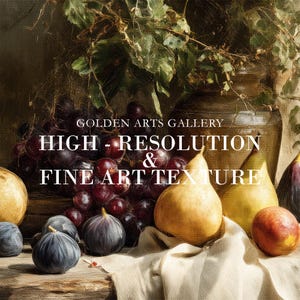 May include: A still life painting featuring a variety of fruits, including grapes, figs, pears, and a peach, arranged on a draped cloth. A large vase with foliage is in the background. The text "GOLDEN ARTS GALLERY HIGH - RESOLUTION & FINE ART TEXTURE" is visible.