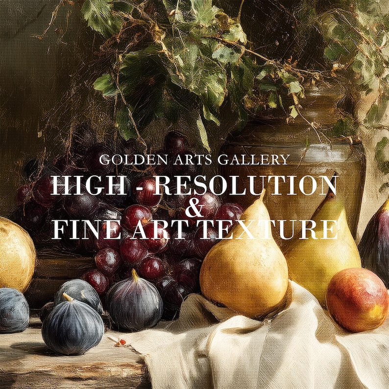 May include: A still life painting featuring a variety of fruits, including grapes, figs, pears, and a peach, arranged on a draped cloth. A large vase with foliage is in the background. The text "GOLDEN ARTS GALLERY HIGH - RESOLUTION & FINE ART TEXTURE" is visible.