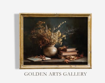 Vintage Books & Dried Flowers Print: Rustic Autumn Still Life (Digital Download)