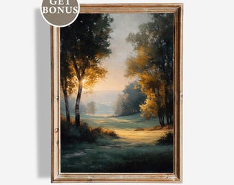 May include: Framed landscape painting featuring a serene forest scene with a golden sunset. The artwork showcases lush green grass, trees with yellow and green foliage, and a distant view. The frame is a warm, light brown color. The text "GET BONUS" and "GOLDEN ARTS GALLERY" are visible.