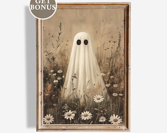 Peut inclure: Une impression encadrée de style vintage représentant un fantôme blanc aux yeux noirs, debout dans un champ de marguerites et de hautes herbes. L'œuvre d'art a une palette de couleurs sourdes et un fond beige. Le texte "GET BONUS" et "GOLDEN ARTS GALLERY" sont visibles.