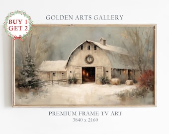 Vintage Winter Scheune Gemälde, Weihnachtskranz, Samsung Rahmen TV Art (Digitaler Download)