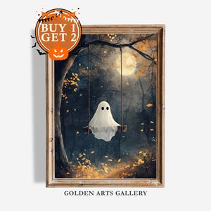Ghost on Swing Halloween Wall Art Printable, Full Moon Spooky Forest Decor, Rustic Fall Cute Ghost Painting, Vintage Halloween Download