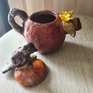 Handmade Ceramic Orange Teapot with Bird – Unique Kitchen Décor