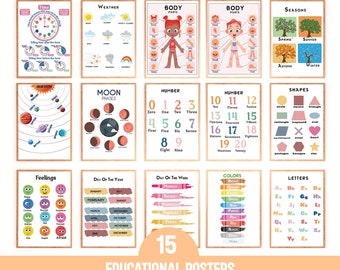 Carteles educativos, 15 impresiones de educación en el hogar, impresión de arte de pared de sala de juegos boho, decoración del aula Montessori, sala de juegos para niños pequeños, arte de pared de sala de juegos
