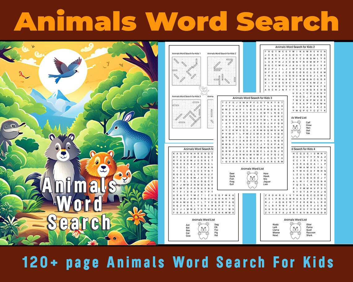 Animal Word Search Book, Printable  1000+ Word Search Puzzle Book for Kids and Adults | Word Search for Teens & Seniors Digital Puzzle Gift