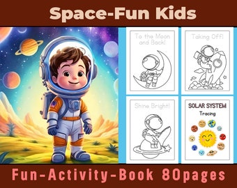 May include: A colorful activity book for kids featuring an astronaut on the cover. The book has 80 pages and includes activities like coloring, tracing, and more. The book is titled "Space-Fun Kids".
