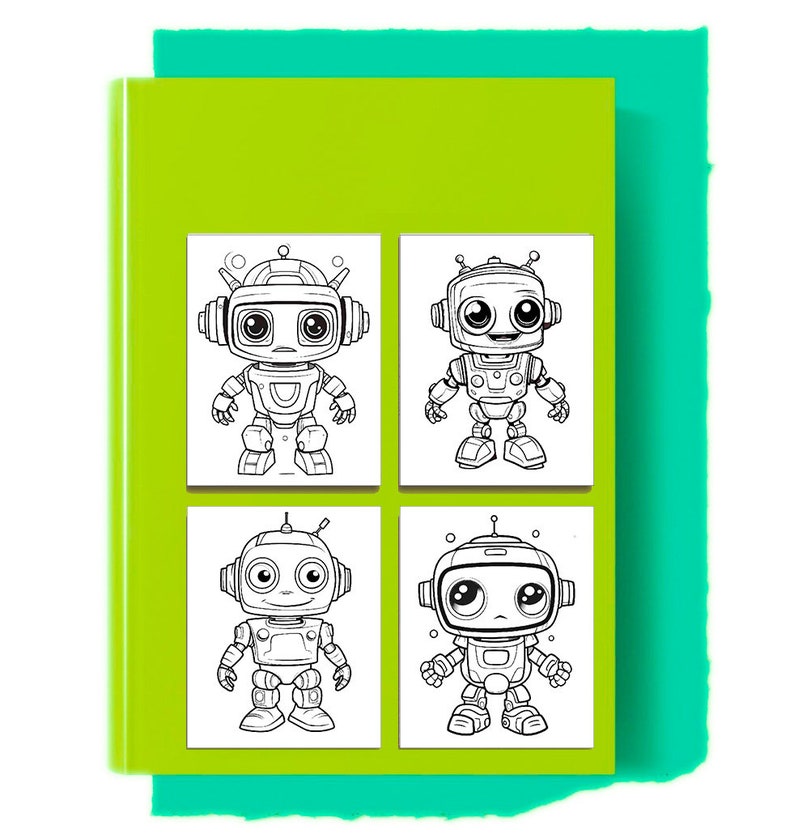 May include: A sheet of paper with four black and white illustrations of robots. Each robot has a different design and expression. The robots are all in a cartoon style.