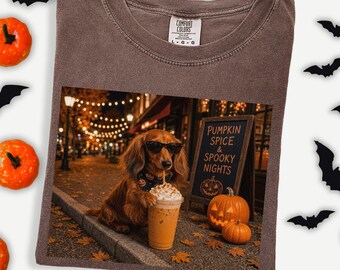 Comfort Colors Funny Dachshund Drinking Shirt, Halloween Dog Shirt, Wiener Dog Comfort colors , Sausage Dog Unisex Tee, Spooky Dog Lover Tee