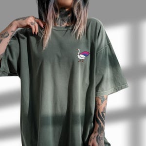 Peut inclure: Un t-shirt surdimensionné vert avec une oie blanche portant un drapeau de fierté bisexuel sur le dos.